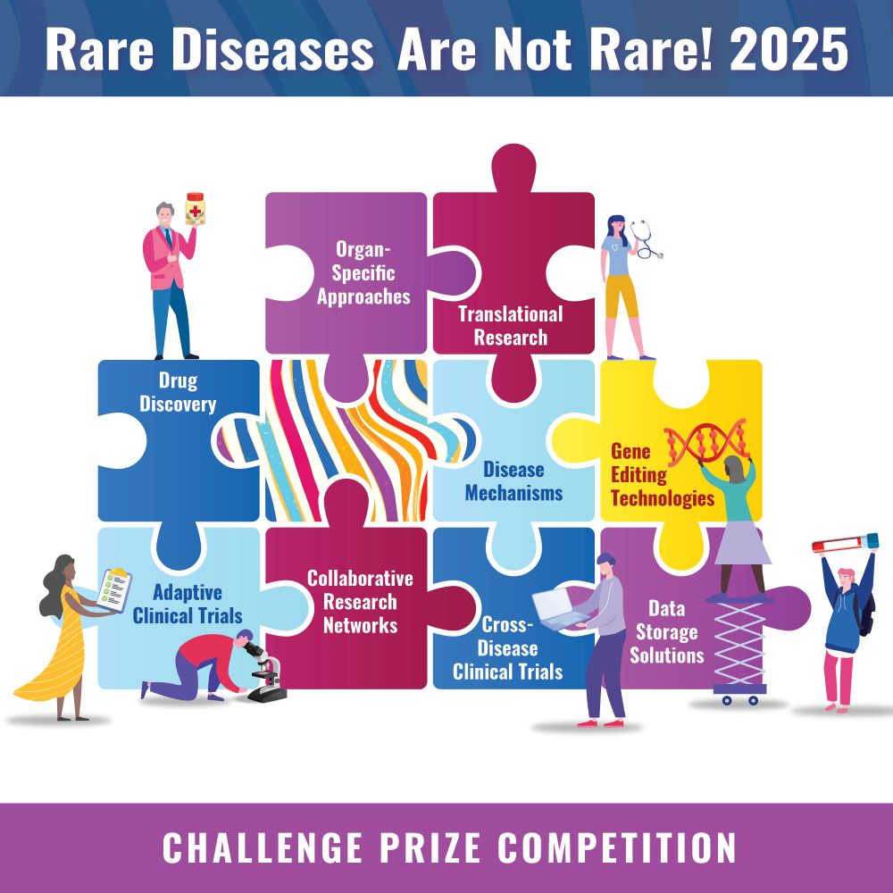 Rare Diseases Are Not Rare! 2025 Challenge Prize Competition promotional graphic. People placing puzzle pieces containing key words related to rare diseases research.